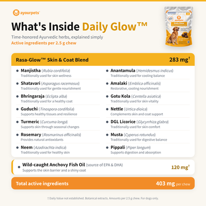 Daily Glow skin & coat chews ingredients: Rasa-Glow Ayurvedic herbal blend plus anchovy fish oil, common and Latin names