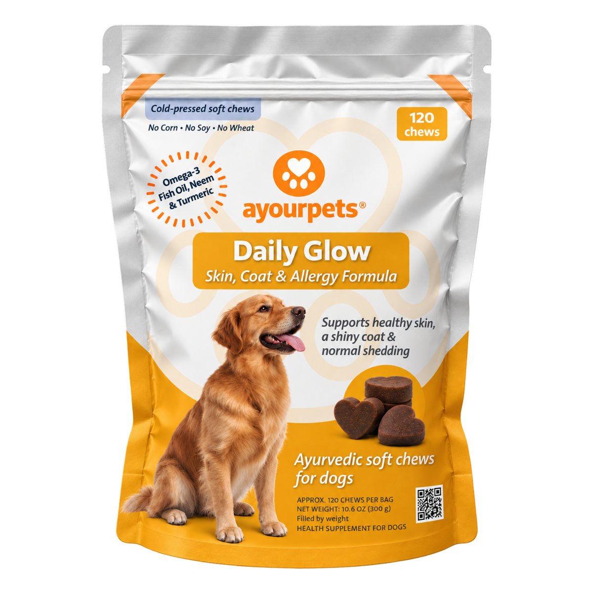 Ayourpets Daily Glow Skin, Coat & Allergy Formula soft chews for dogs, 120-chew pouch front