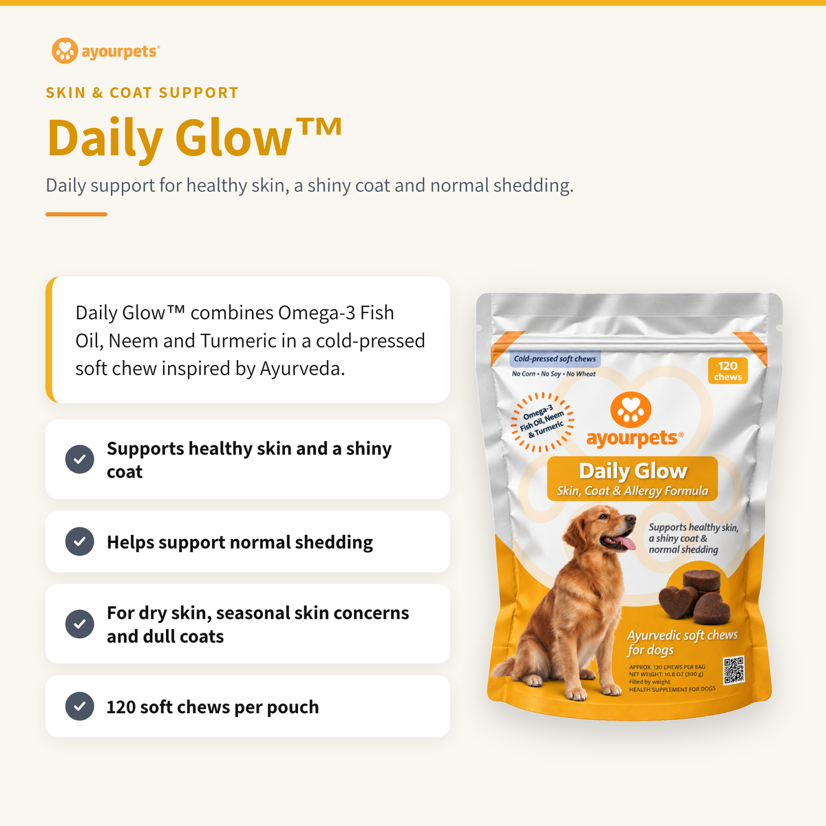 Daily Glow skin & coat soft chews for dogs: key benefits and pouch