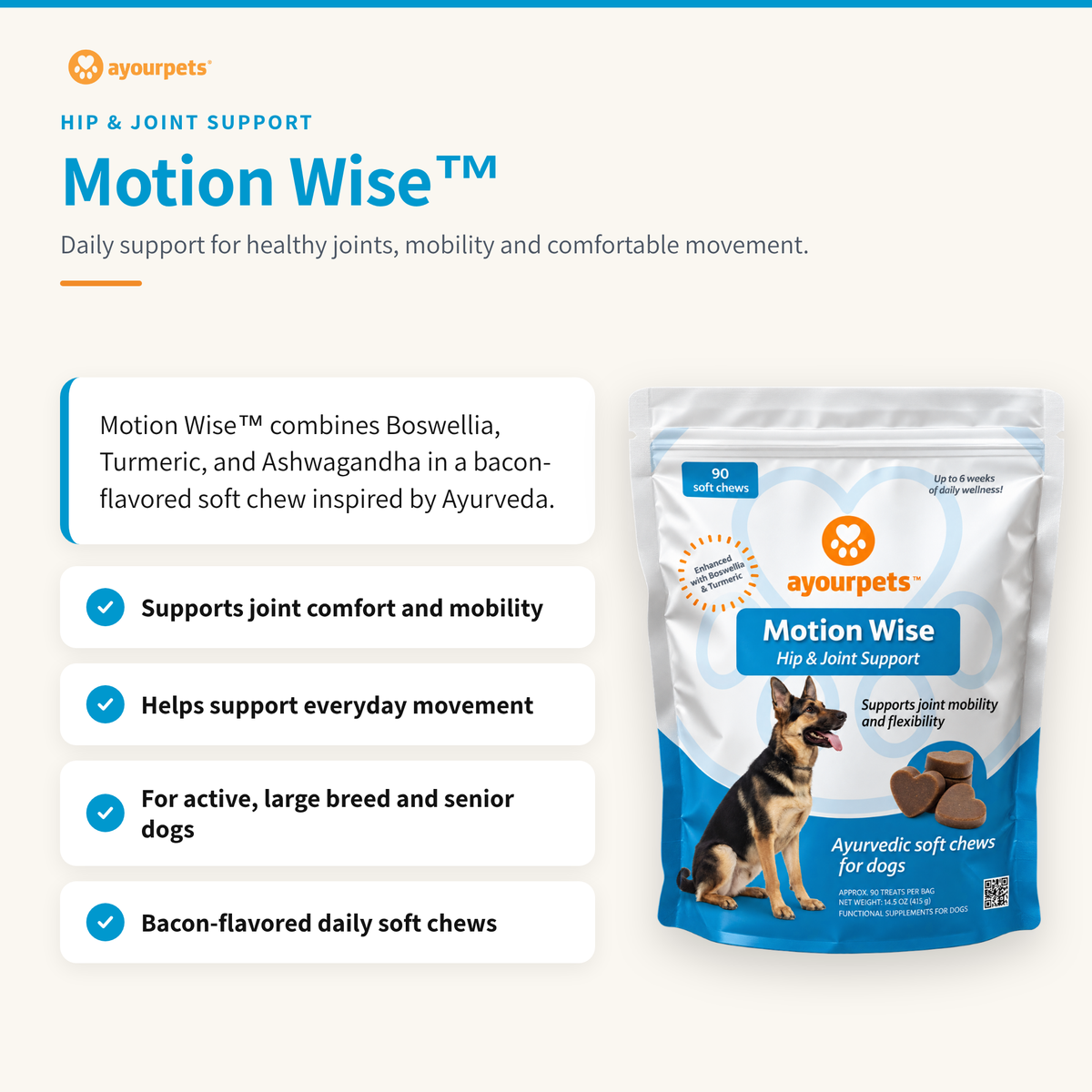 Motion Wise hip & joint soft chews for dogs: key benefits and pouch
